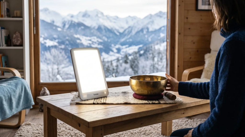Lampe de luminothérapie et bol tibétain, deux approches pour l'hiver en Savoie