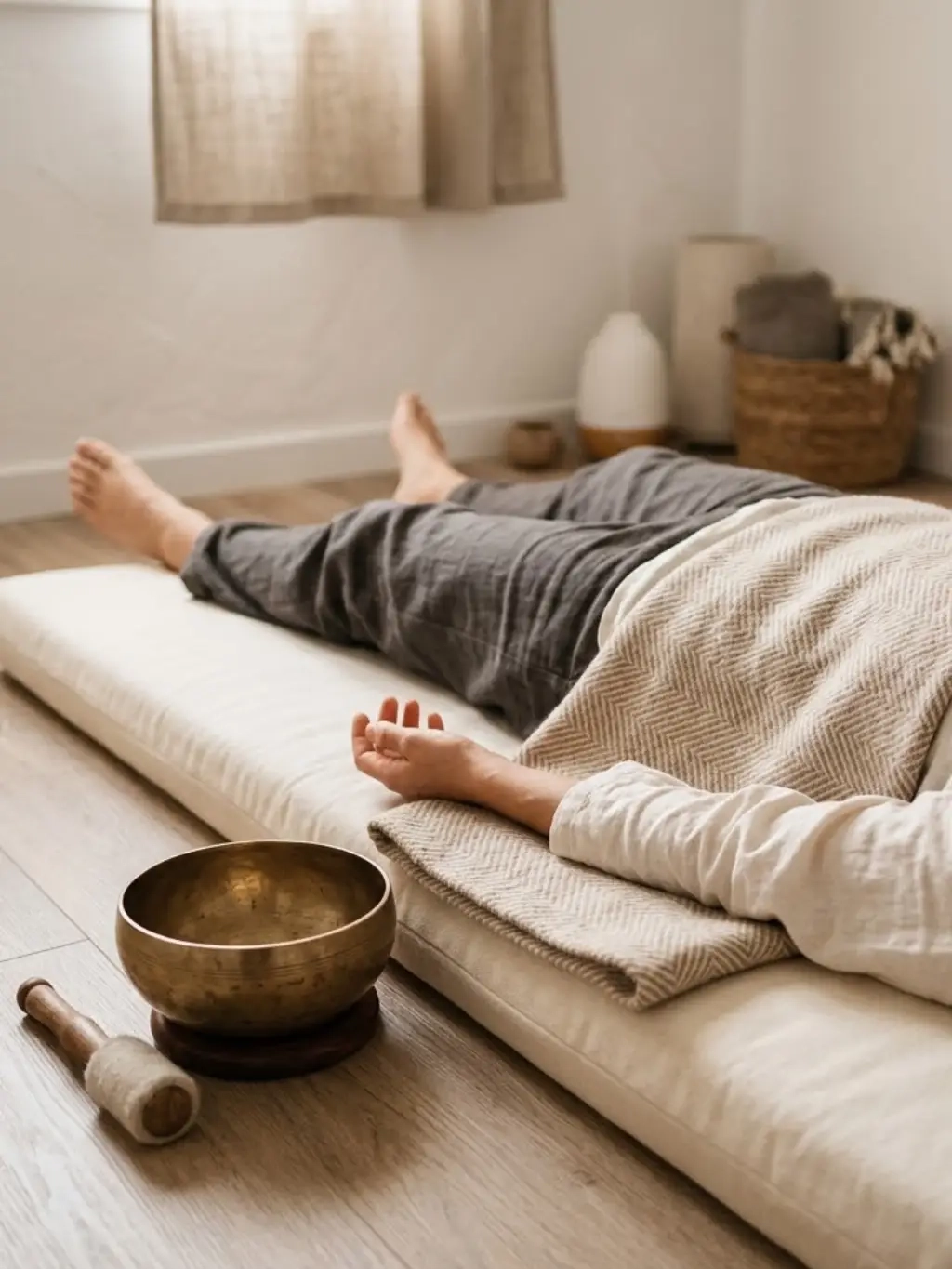 Personne allongée sous une couverture pendant un soin sonore de détente