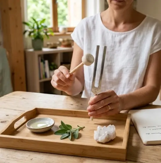 Mains de praticienne préparant un diapason avant un soin de thérapie holistique